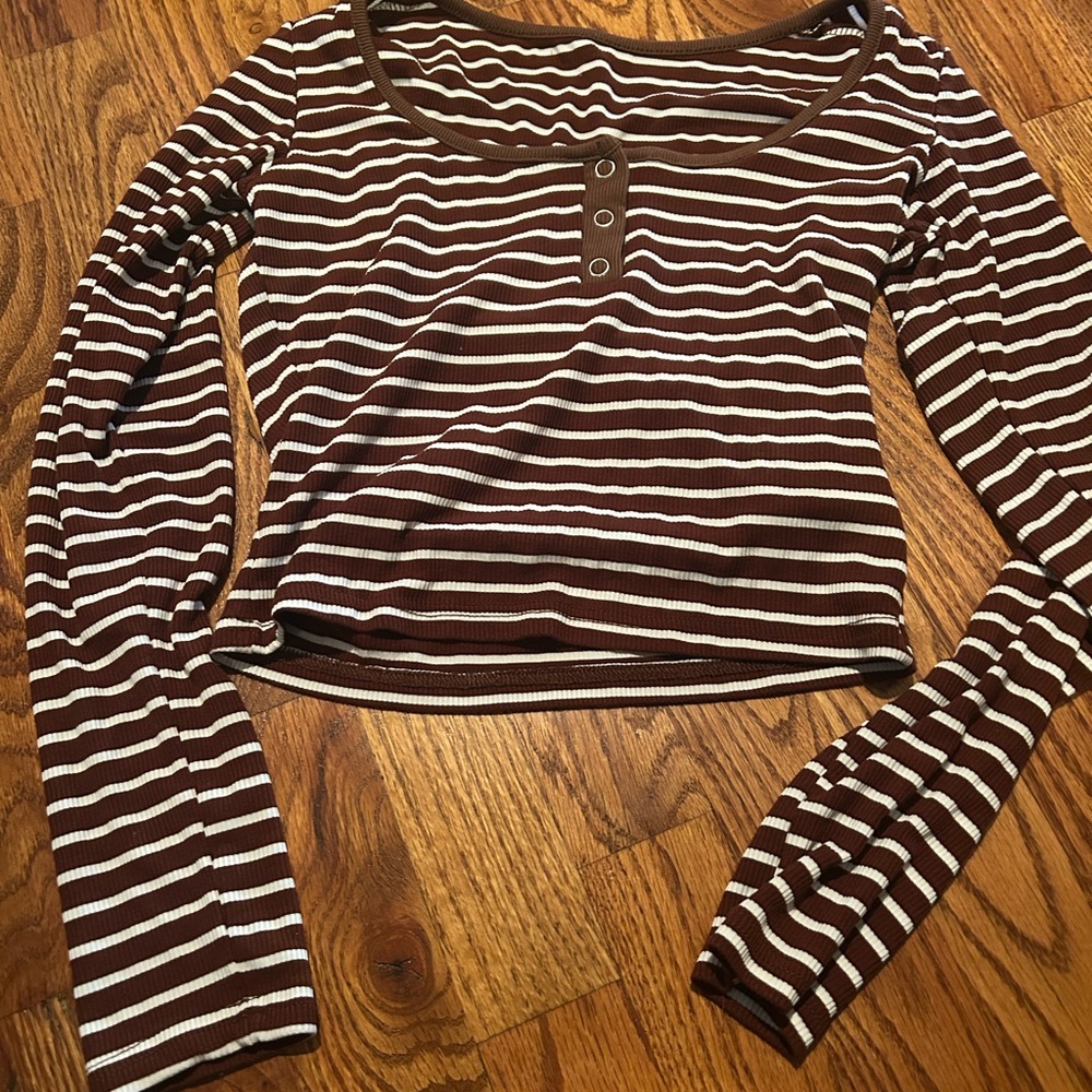 SHEIN crop top  Brown and White Striped Long Sleeve Tee